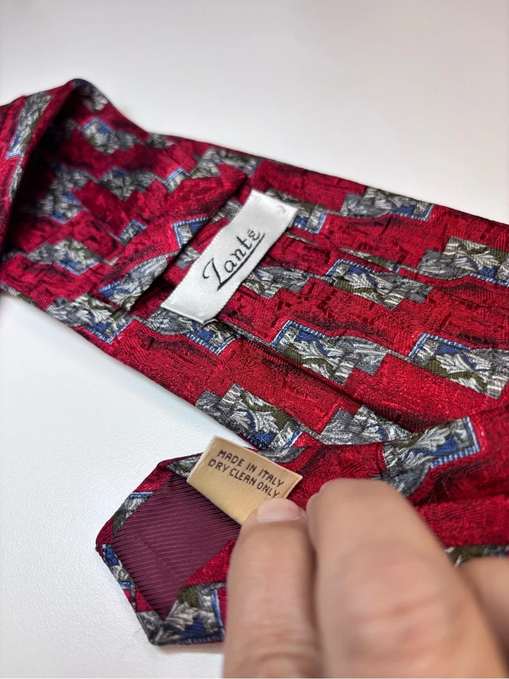 Zante Red Geometric Silk Tie with Silver and Blue Accents EUC Vintage Italian